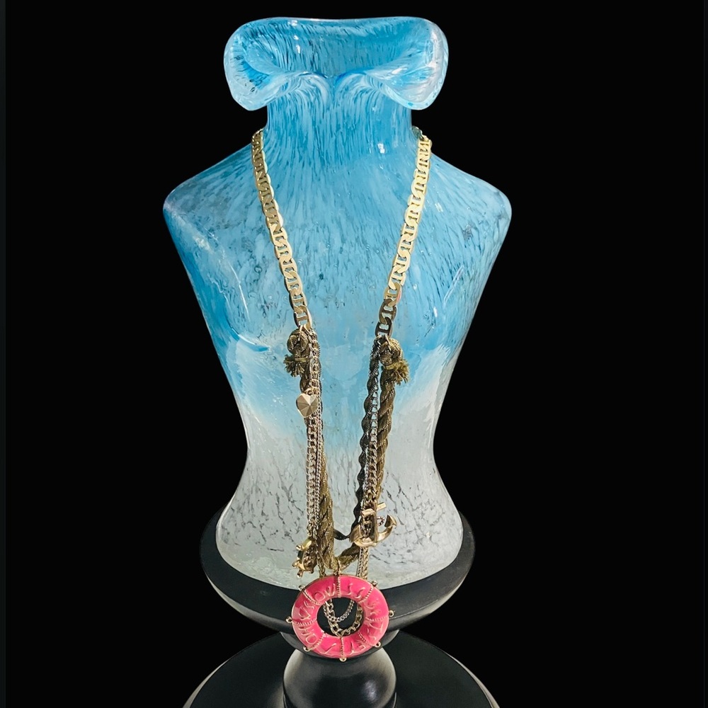 Betsey Johnson Nautical Pink Lifesaver Gold Tone Mariner Link Necklace